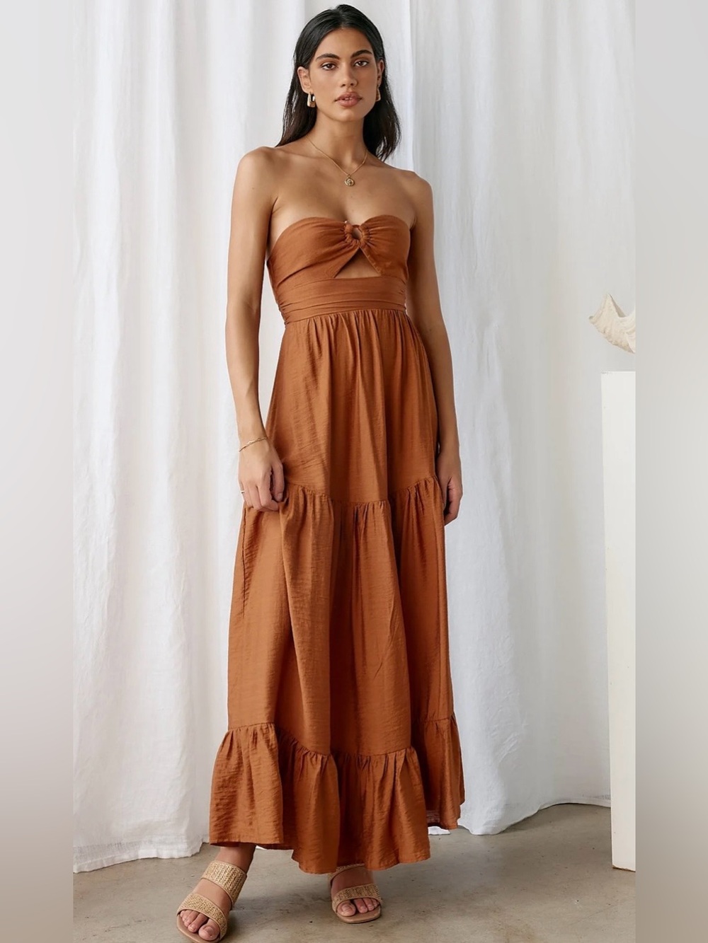 Fortunate One NWT Let’s Fly Away Strapless Maxi Dress In Tan Size M